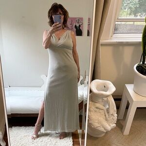 VINTAGE TAUPE SILVER SLEEVELESS DRESS SLIT LINED ZIPPER METALLIC STRETCH GOWN